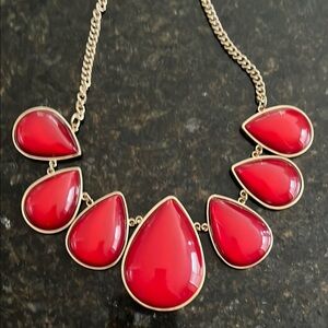 Coral Red Teardrop Statement Necklace with Silver-Toned Chain